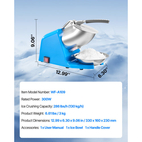 Ice Crusher Machine, 286lbs/hr, 4 Blades Snow Cone Maker, Stainless Steel Shaved Ice Machine with Bowl & Cover, 300W for Home & Commercial, Blue