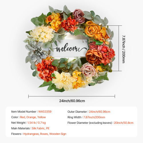 24 Inch Front Door Wreath, Red Orange Yellow Hydrangea Rose Artificial Flower Wreath with Welcome Sign for All Seasons