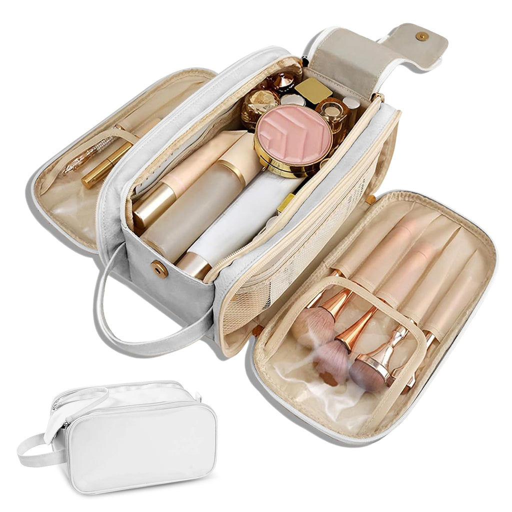 Travel Makeup Bag, Large Capacity PU Cosmetic Organizer, Water Resistant Toiletry Bag with Divided Compartments for Women, Portable Handbag for Travel & Daily Use