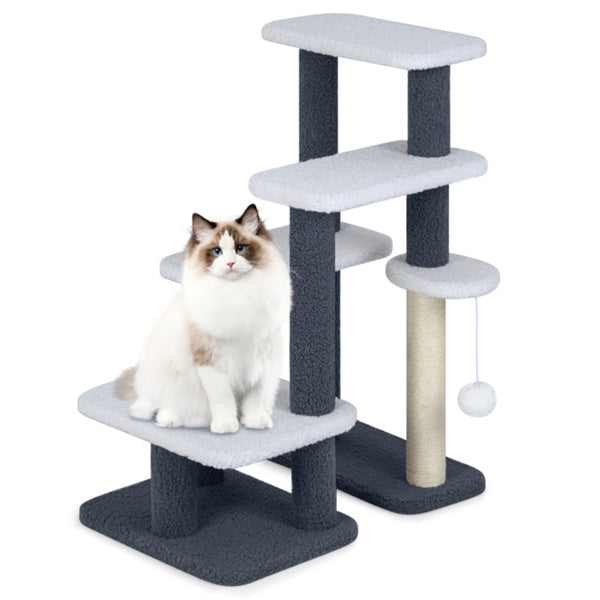 AEELLEEA 30-Inch Cat Tree with Multi-Level Cat Stairs, Sisal Scratching Post and Hanging Plush Ball, Gray and White