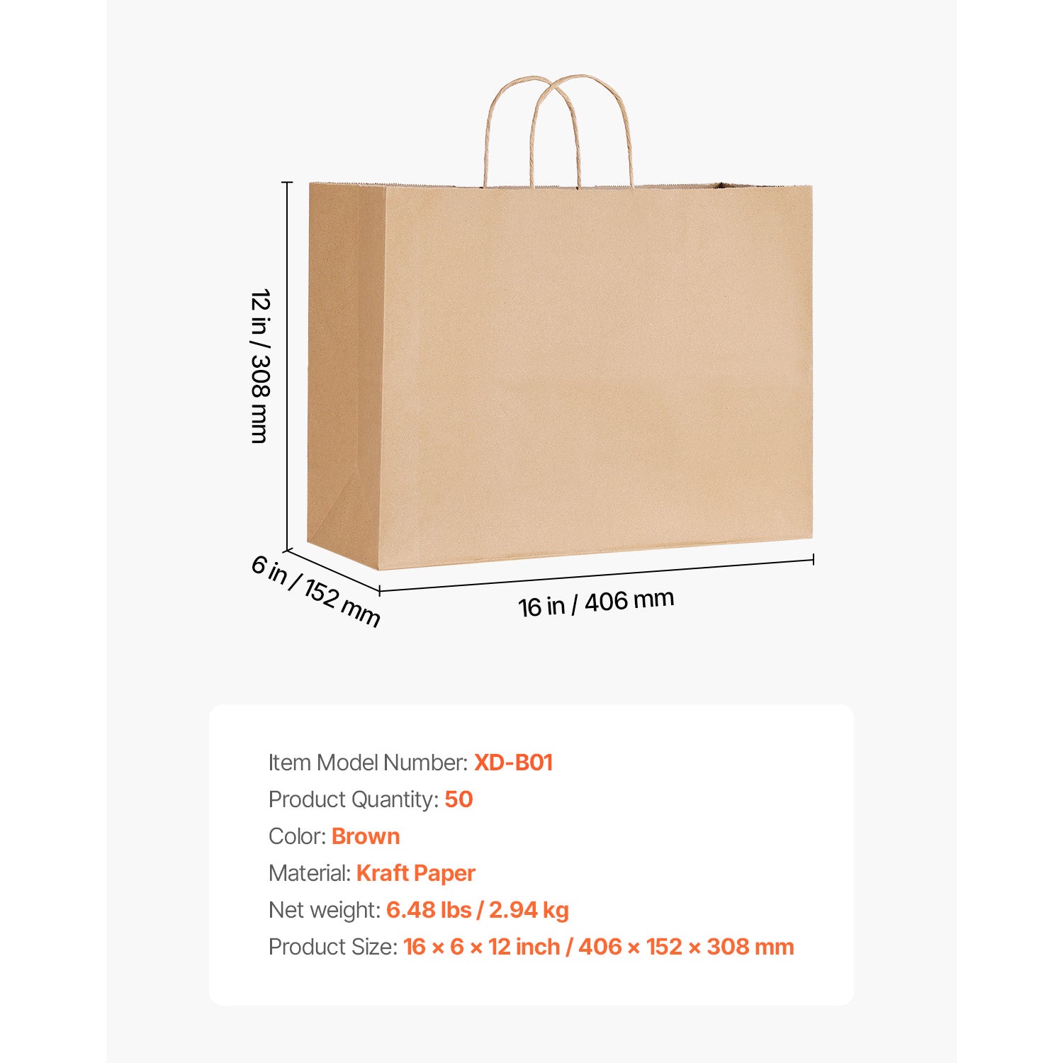 50 Pack 16x6x12 Inch Brown Kraft Paper Bags with Handles, Recyclable Plain Gift Shopping Totes, Disposable Retail Merchandise Bags for Party Boutique Grocery Packaging