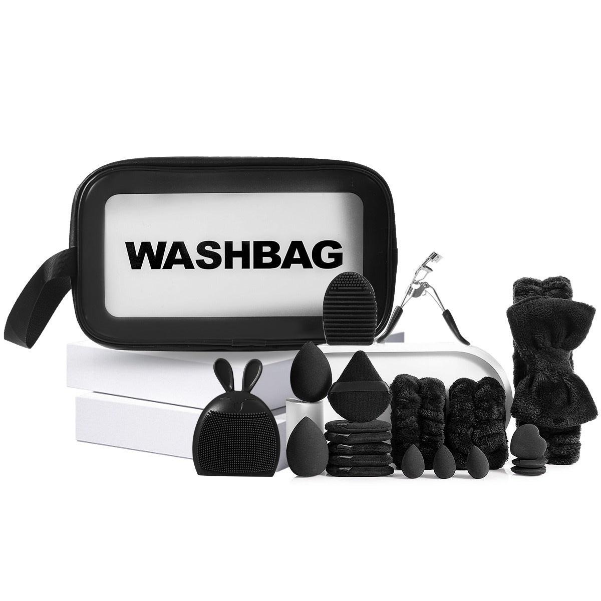 21Pcs Makeup Tool Kit, Makeup Bag, Beauty Sponges, Powder Puffs, Eyelash Curler, Makeup Headband, Brush Cleaning Tool, All-in-One Beauty Accessory Set