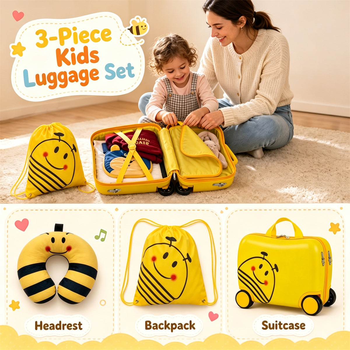 AEELLEEA 3 Piece Bee Kids Ride-On Luggage Set, 16 Inch Rolling Suitcase with Drawstring Backpack & Neck Pillow for Toddler Travel