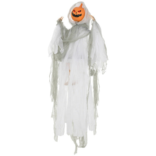AEELLEEA 47.2" Sound Activated Hanging Pumpkin Ghost Halloween Decoration with Light-Up Eyes and Creepy Sound