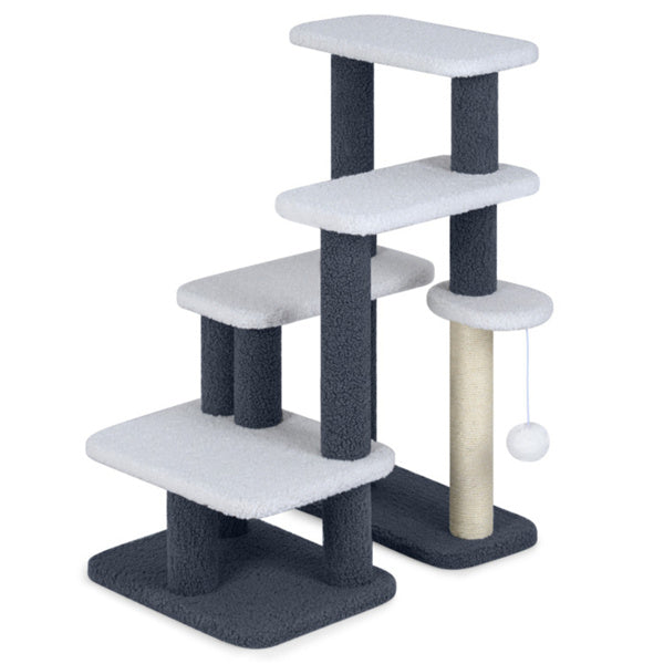 AEELLEEA 30-Inch Cat Tree with Multi-Level Cat Stairs, Sisal Scratching Post and Hanging Plush Ball, Gray and White