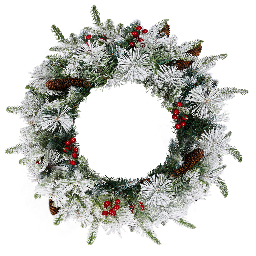 2Pcs 18" Lighted Christmas Wreaths, Snow Flocked PVC PE Wreath with Pinecones Red Berries, 60 Warm White Lights Battery Box 8 Modes