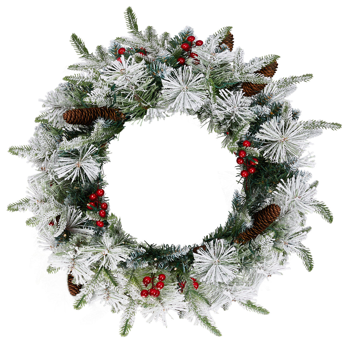 2Pcs 18" Lighted Christmas Wreaths, Snow Flocked PVC PE Wreath with Pinecones Red Berries, 60 Warm White Lights Battery Box 8 Modes