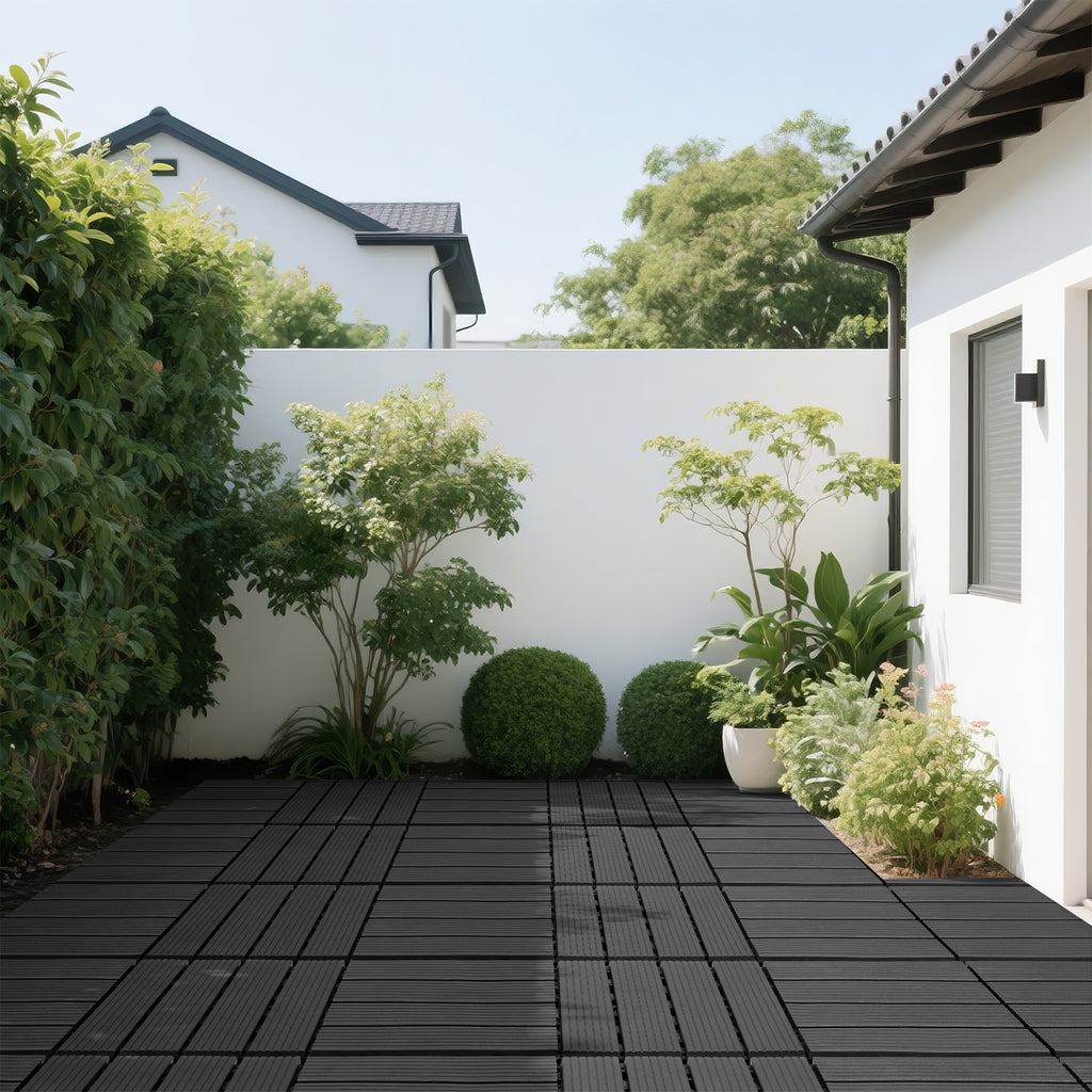 AEELLEEA 44 Pack Interlocking Plastic Deck Tiles, 12"×12" PP Patio Floor Tiles, Non-Slip Drainable Outdoor Flooring for Balcony, Poolside, Backyard