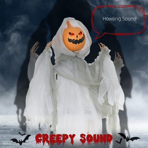 AEELLEEA 47.2" Sound Activated Hanging Pumpkin Ghost Halloween Decoration with Light-Up Eyes and Creepy Sound