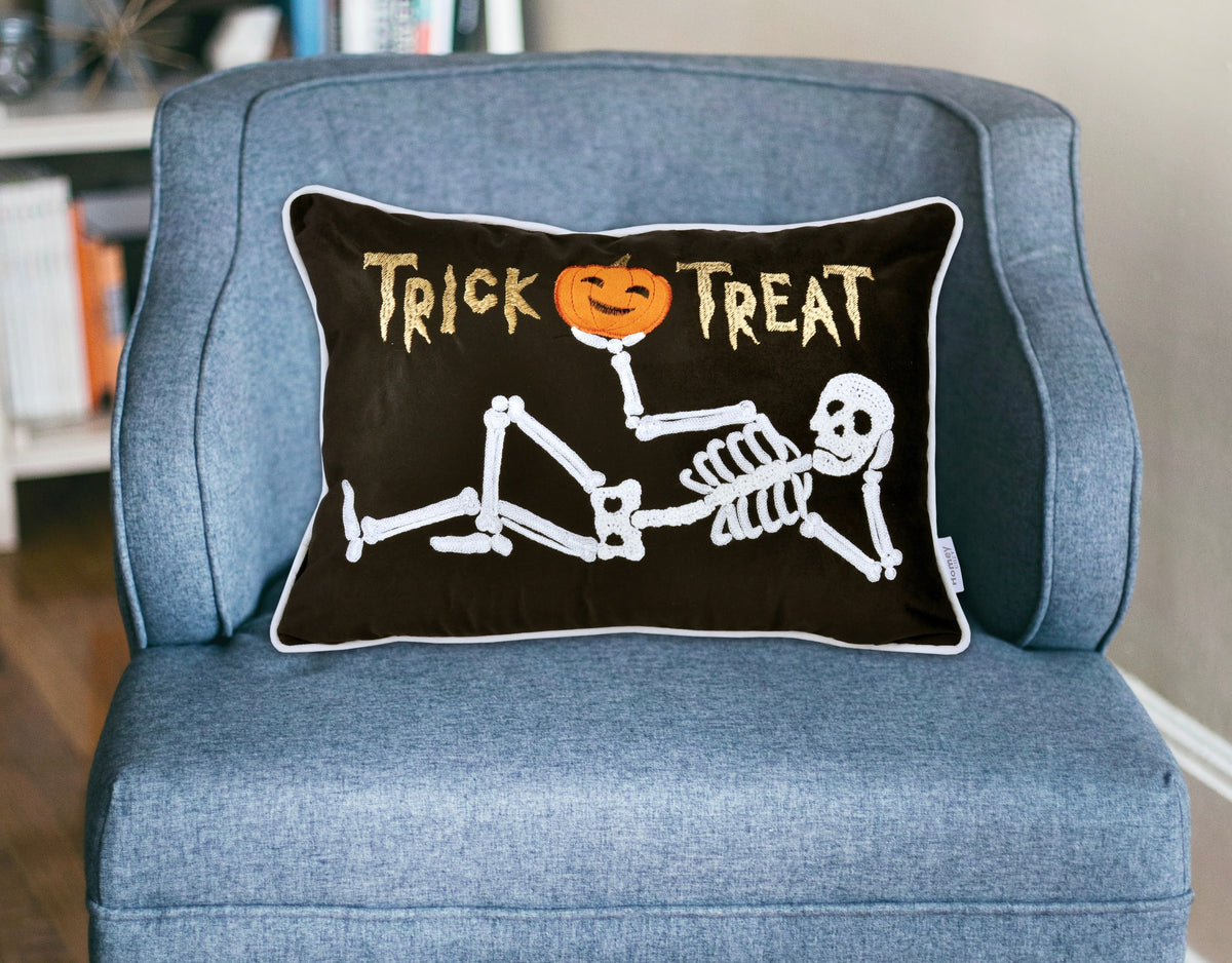 AEELLEEA 12x18 Inch Halloween Throw Pillow, Trick or Treat Skeleton Pumpkin Embroidered Lumbar Cushion for Sofa Couch Home Holiday Decor