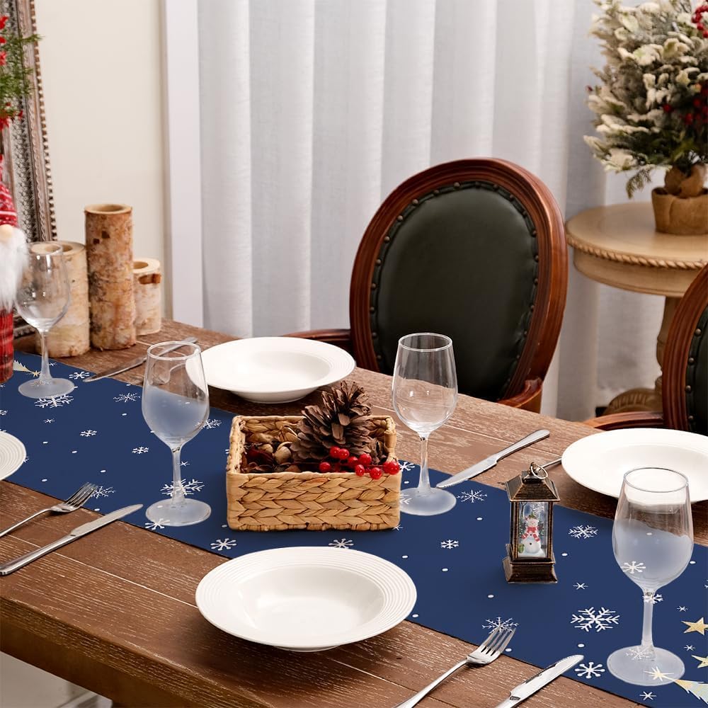 AEELLEEA Christmas Table Runner, Navy Blue Xmas Tree Snowflake Print 13x72 Inch Faux Linen Polyester Table Runner for Holiday Dining Table Home Christmas Decor