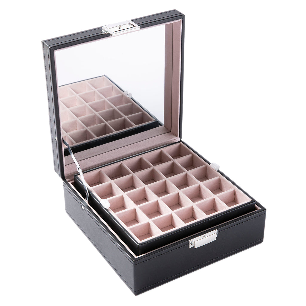 AEELLEEA-50 Slot Black Jewelry Organizer Box with Large Mirror, Earring Storage Case for Necklaces, Earrings & Bracelets