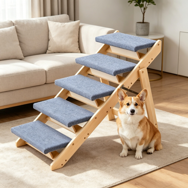 AEELLEEA 5-Step Wooden Pet Stairs for Dogs and Cats, Padded Carpet Steps for Sofa and Bed, 30.7" x 18.5" x 26"