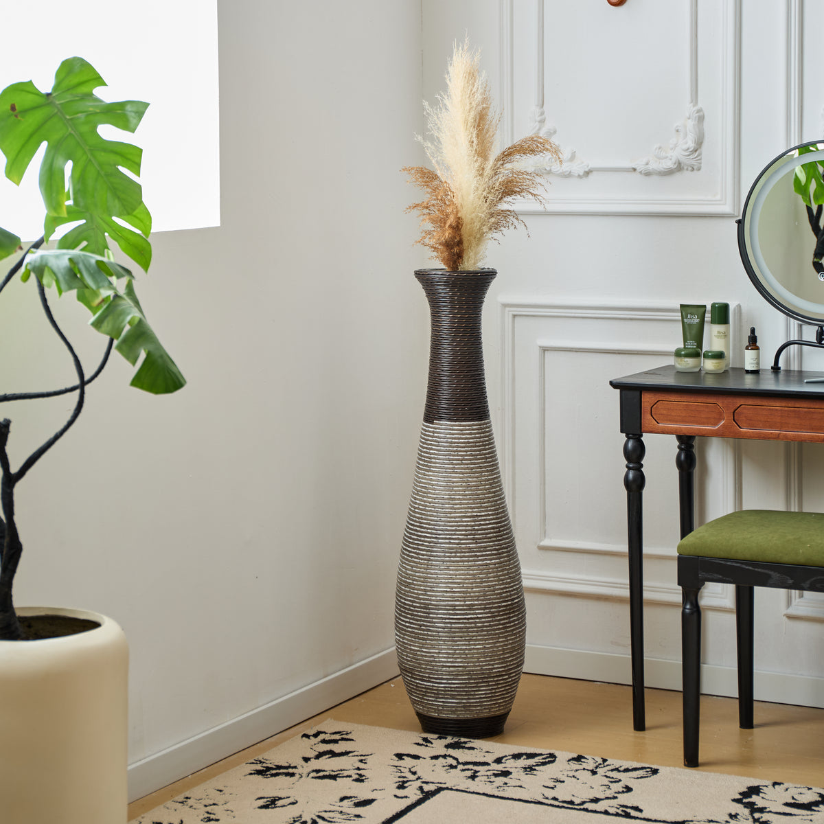AEELLEEA Tall Two-Tone Woven Floor Dry Vase, 40.2"H x 11.6" D, Textured Decor Vase for Pampas Grass, Entryway Living Room Boho Home Decor