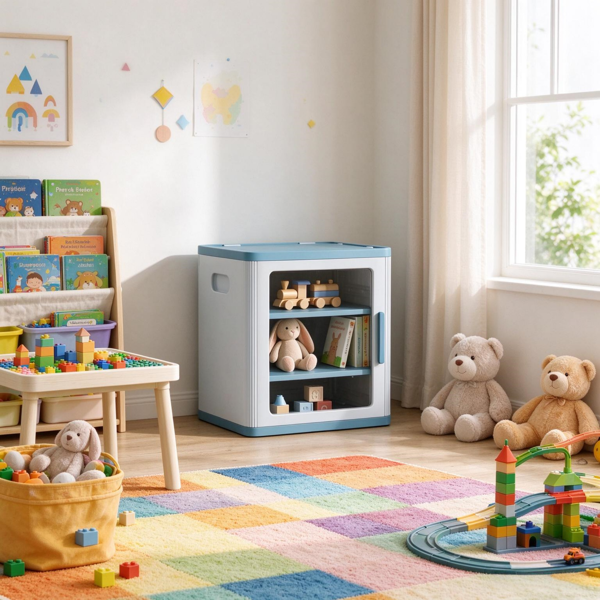 AEELLEEA Kids Storage Cabinet with Clear Door, 2-Tier Toy and Book Organizer, 15.2" x 14" x 16.1", Blue