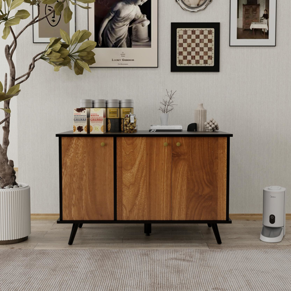 AEELLEEA Cat Litter Box Furniture Cabinet with 3 Doors, Storage Shelves and Side Cat Entry, Black and Walnut