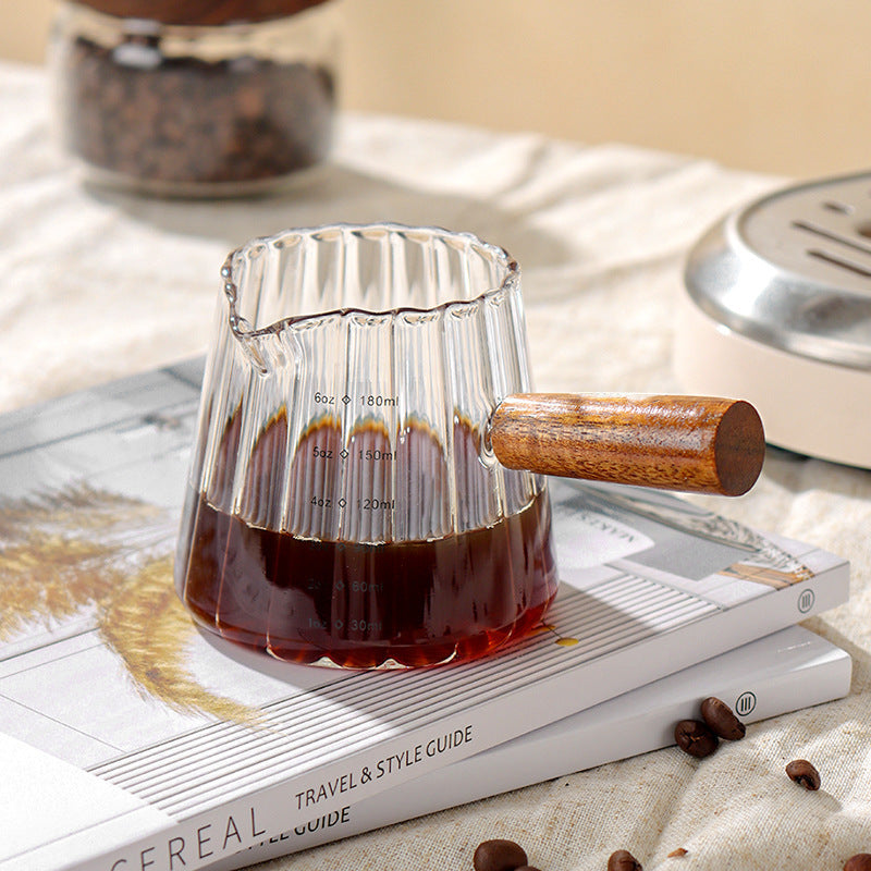 6 oz Glass Measuring Pitcher with Wooden Handle, Clear Espresso Coffee Server with Pour Spout and Measurement Marks