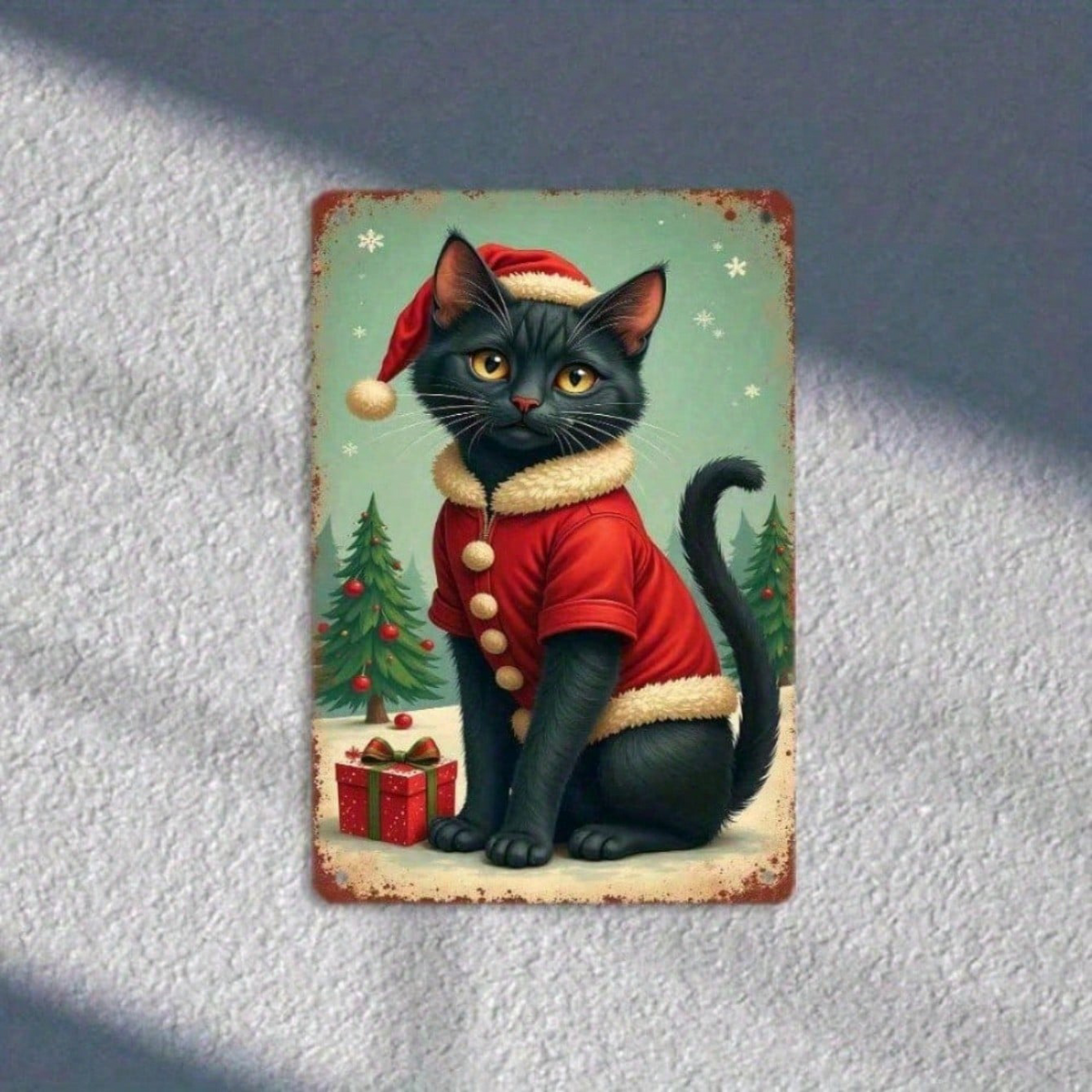 AEELLEEA-Vintage Christmas Black Cat Metal Tin Sign, 11.81x7.87 Inch Retro Wall Plaque with Santa Hat Cat, Snowflake