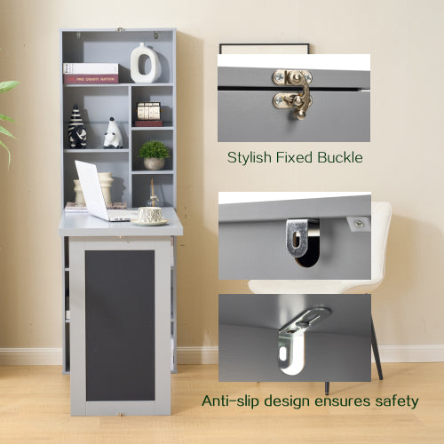 AEELLEEA Wall Mount Fold Out Murphy Desk with Storage Shelves & Chalkboard, Space Saving Convertible Writing Table for Small Space