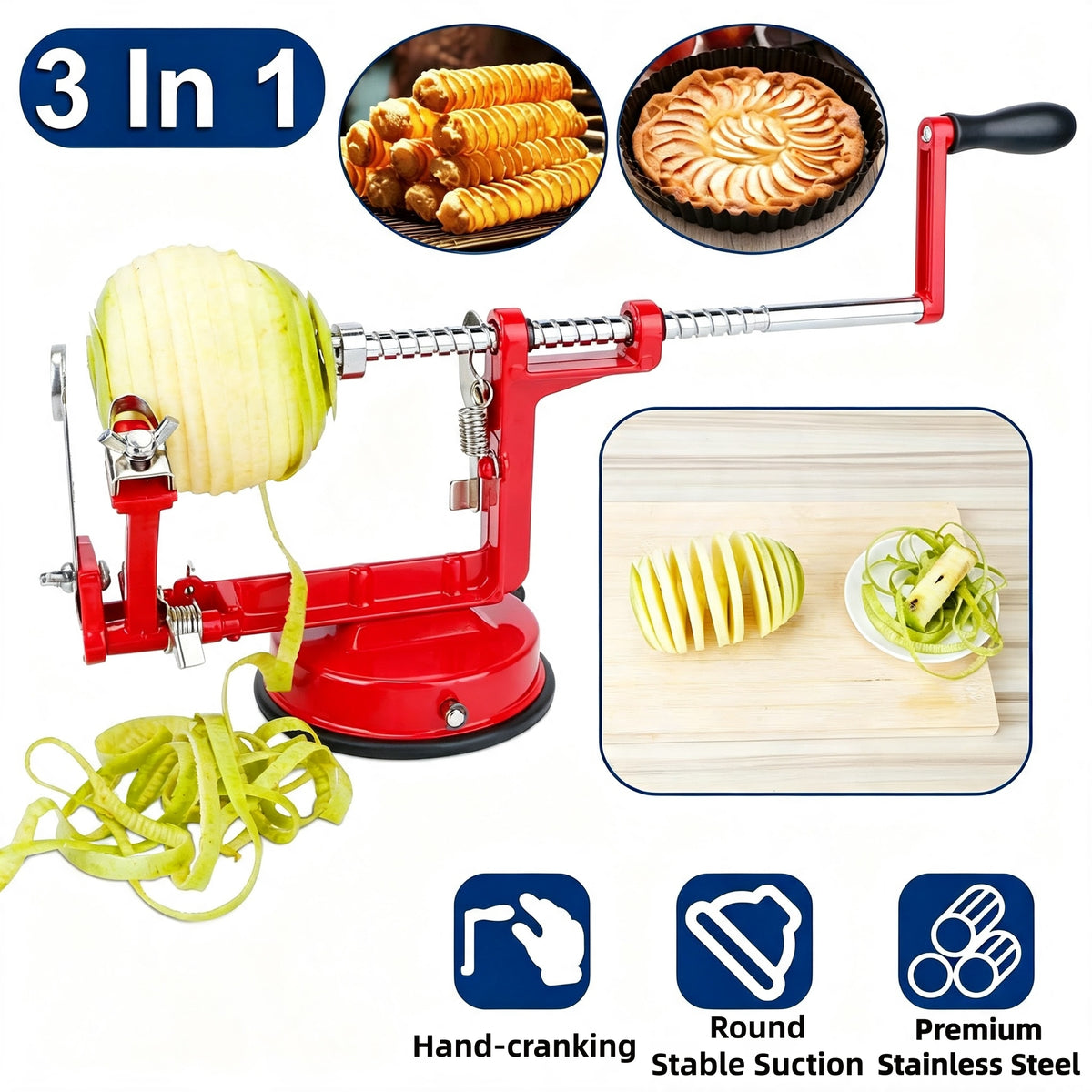 3 in 1 Apple Peeler Slicer Corer, Manual Hand Crank Fruit Peeler with Strong Suction Base, Stainless Steel Blade for Apple Potato