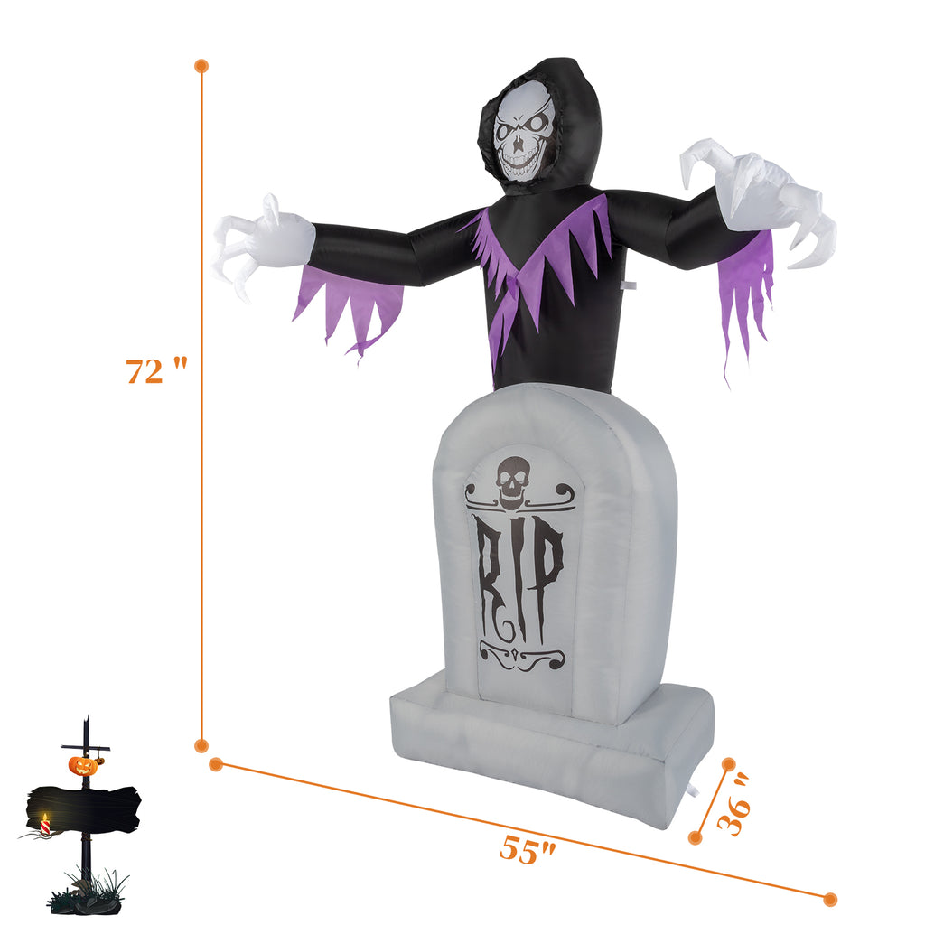 6ft Halloween Inflatable Grim Reaper with Grave, 3 LED String Lights, 12V Waterproof Outdoor Yard Lawn Decoration with Stakes & Sandbags