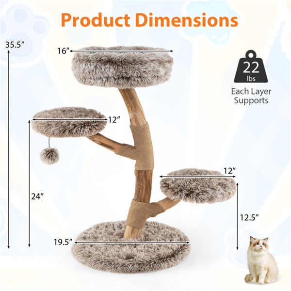AEELLEEA 35.5-Inch Natural Wood Cat Tree with Plush Perches, Sisal Scratching Posts and Hanging Pom-Pom Toy
