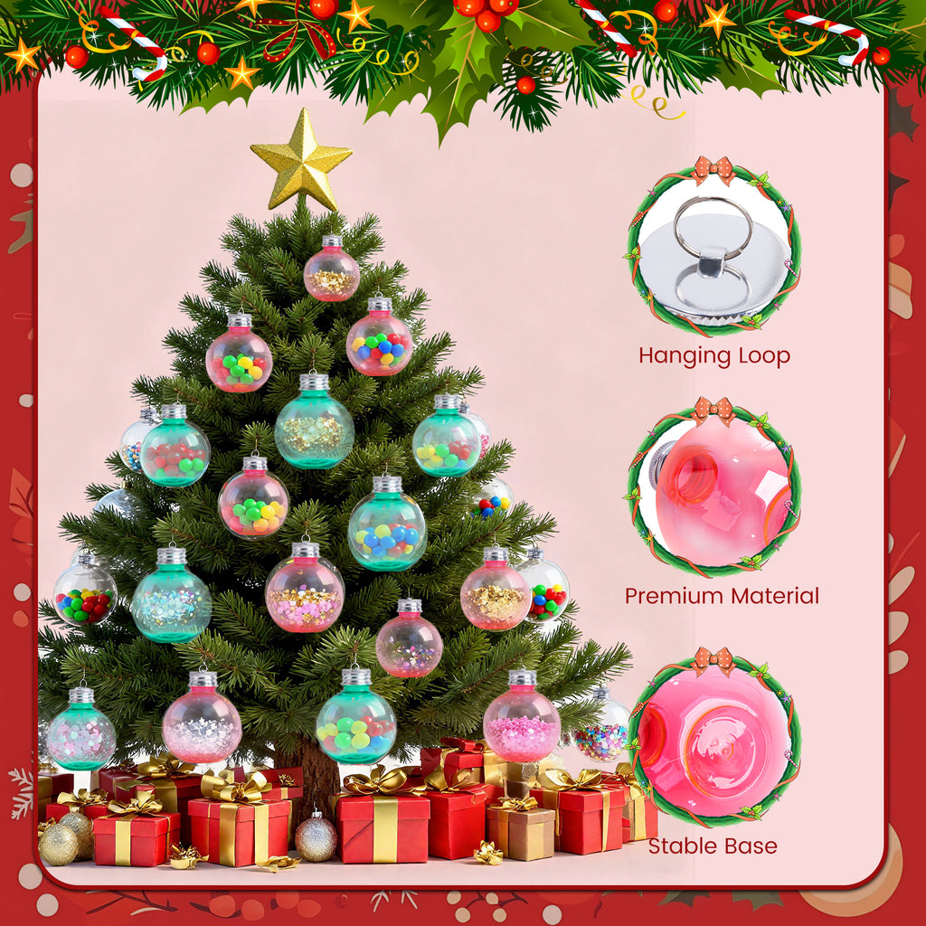 12ct Fillable Christmas Ornament Balls, 5oz Plastic Bulb Containers with Hanging Loops, Pink & Green Tree Decor and Stocking Stuffers