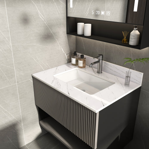 31 Inch Bathroom Vanity Top with Undermount Rectangle Sink, White Marble Engineered Stone Countertop with 4 Inch Backsplash