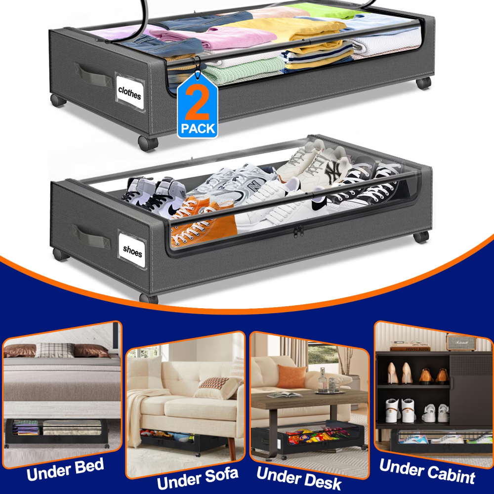 AEELLEEA 2 Pack Under Bed Storage Bins, 360° Lockable Wheels, Clear Lid 600D Oxford for Clothes Shoes Blankets