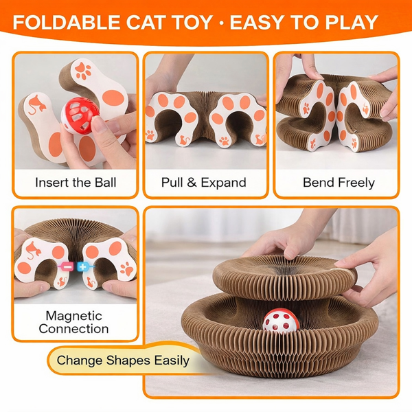 AEELLEEA Foldable Corrugated Cardboard Cat Toy with Rolling Balls, 360° Scratch Surface and Expandable Design
