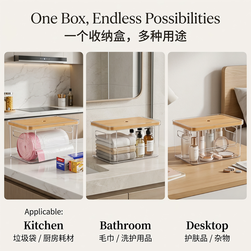Stackable Storage Organizer with Bamboo Top, Extra Large Trash Bag Dispenser, Garbage Bag Holder, Under Sink Organizer, Pantry and Laundry Room Storage