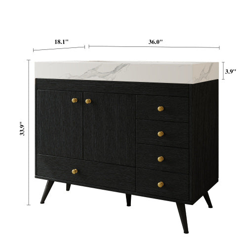 Bathroom Vanity with Sink, 36 Inch Black Wood Freestanding Vanity with Marble Top, Double Doors and Drawers Cabinet