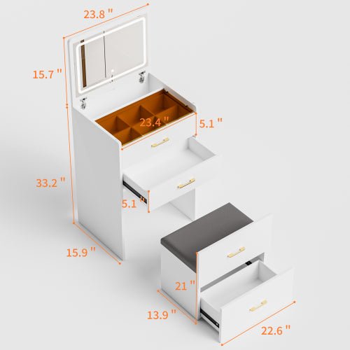 AEELLEEA 3-in-1 Makeup Vanity Desk with 3-Color Lighted Mirror, Drawers and Storage Stool, White