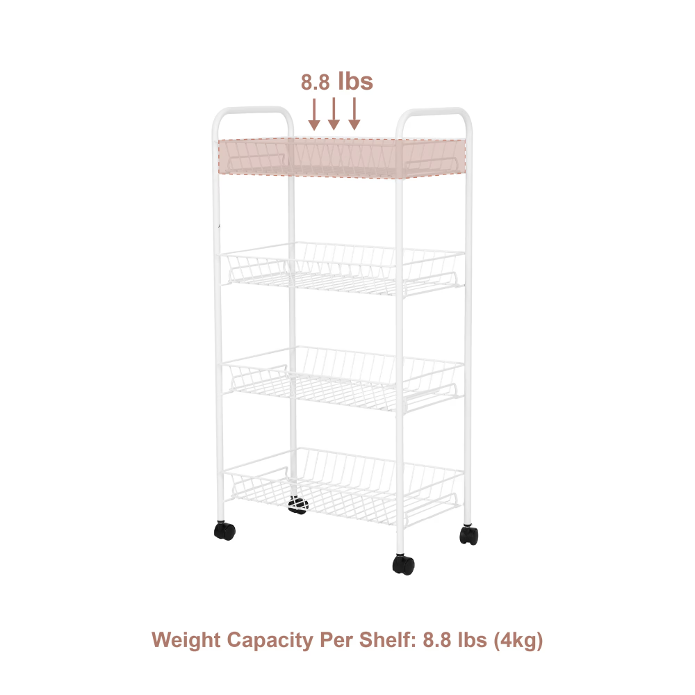 AEELLEEA 4-Tier Rolling Metal Wire Basket Cart, White Mobile Storage Organizer with Wheels, Utility Rack for Bathroom, Laundry & Kitchen
