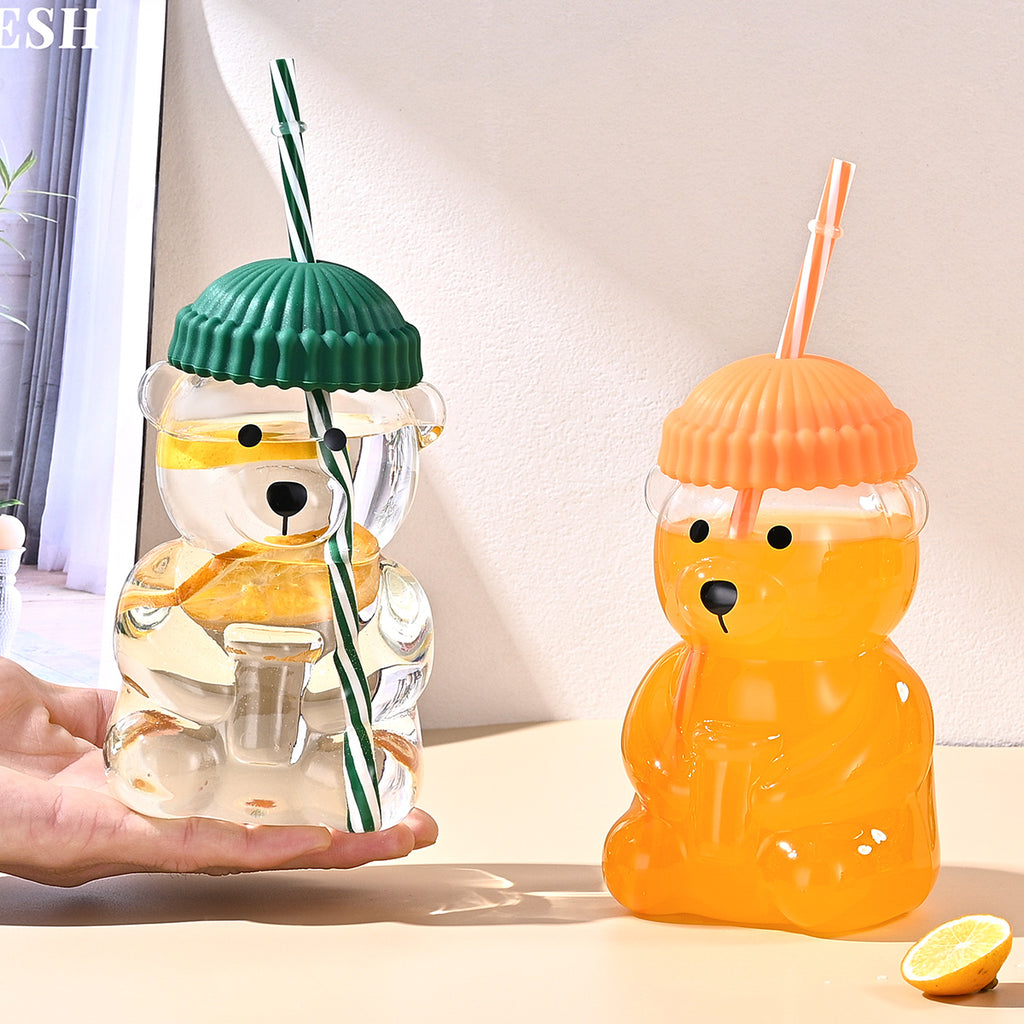 Bear-Shaped Plastic Tumbler with Lid and Reusable Straw, 16.9 fl oz, Clear and Green
