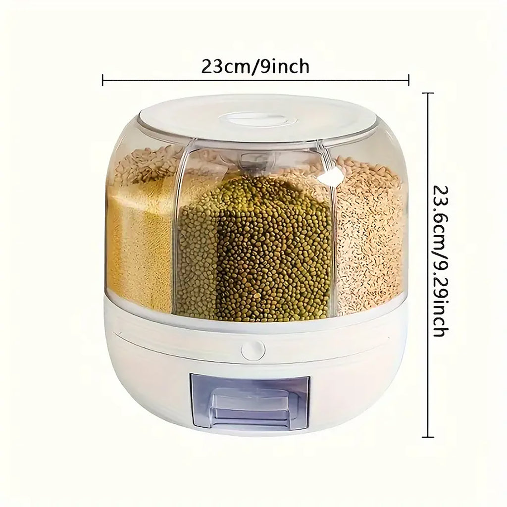 Rotating Rice Dispenser, 6-Grid Cereal Dispenser and Grain Storage Bin, One-Click Dispensing Food Storage Container, Airtight Moisture-Proof Organizer, Small