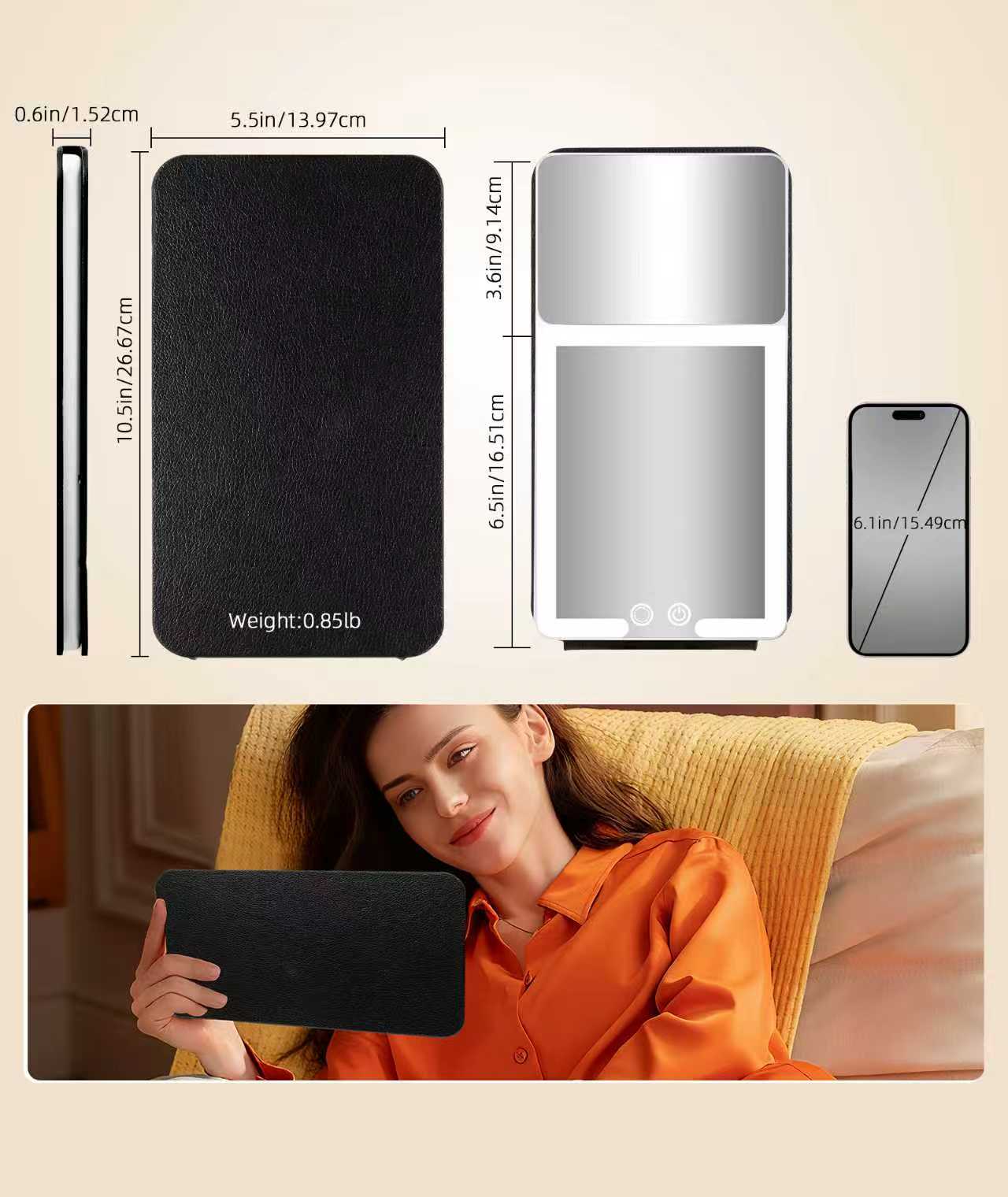 20X Magnification LED Travel Mirror  3Color Light Black Leather Case Portable