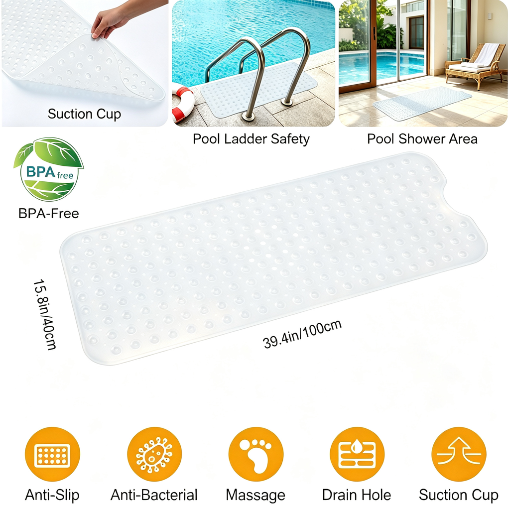 BPA Free PVC Non Slip Shower Mat with 200 Suction Cups & Drain Holes, Pebble Massage Bath Mat Machine Washable for Bathroom Tub