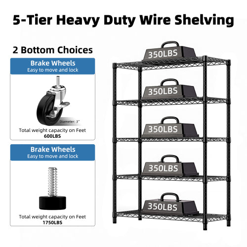 AEELLEEA 5-Tier Heavy-Duty Wire Shelving Unit with Locking Wheels, Black, 47.2" W x 17.7" D x 75.6" H