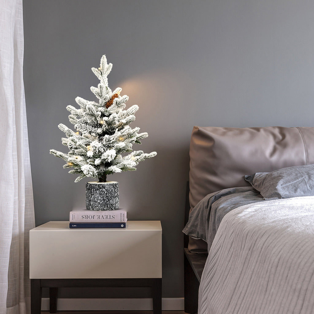 AEELLEEA 2ft Pre-lit Snow Flocked Mini Christmas Tree with Pot, Warm LED Lights & Pine Cones, Tabletop Artificial Xmas Tree for Holiday Home Decor