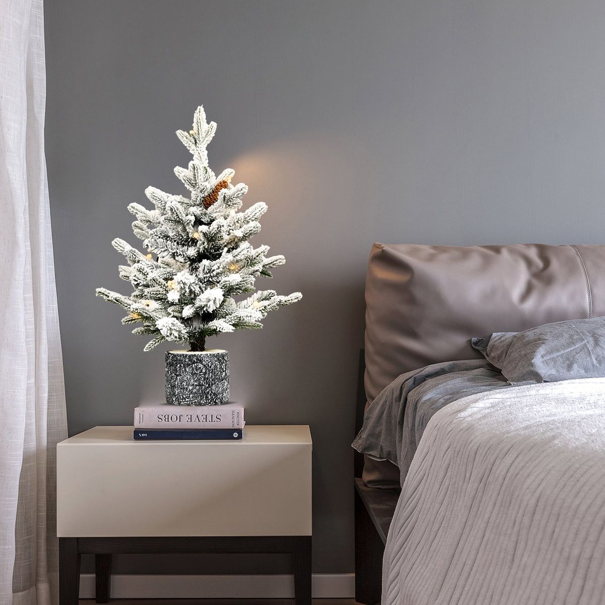 AEELLEEA 2ft Pre-lit Snow Flocked Mini Christmas Tree with Pot, Warm LED Lights & Pine Cones, Tabletop Artificial Xmas Tree for Holiday Home Decor
