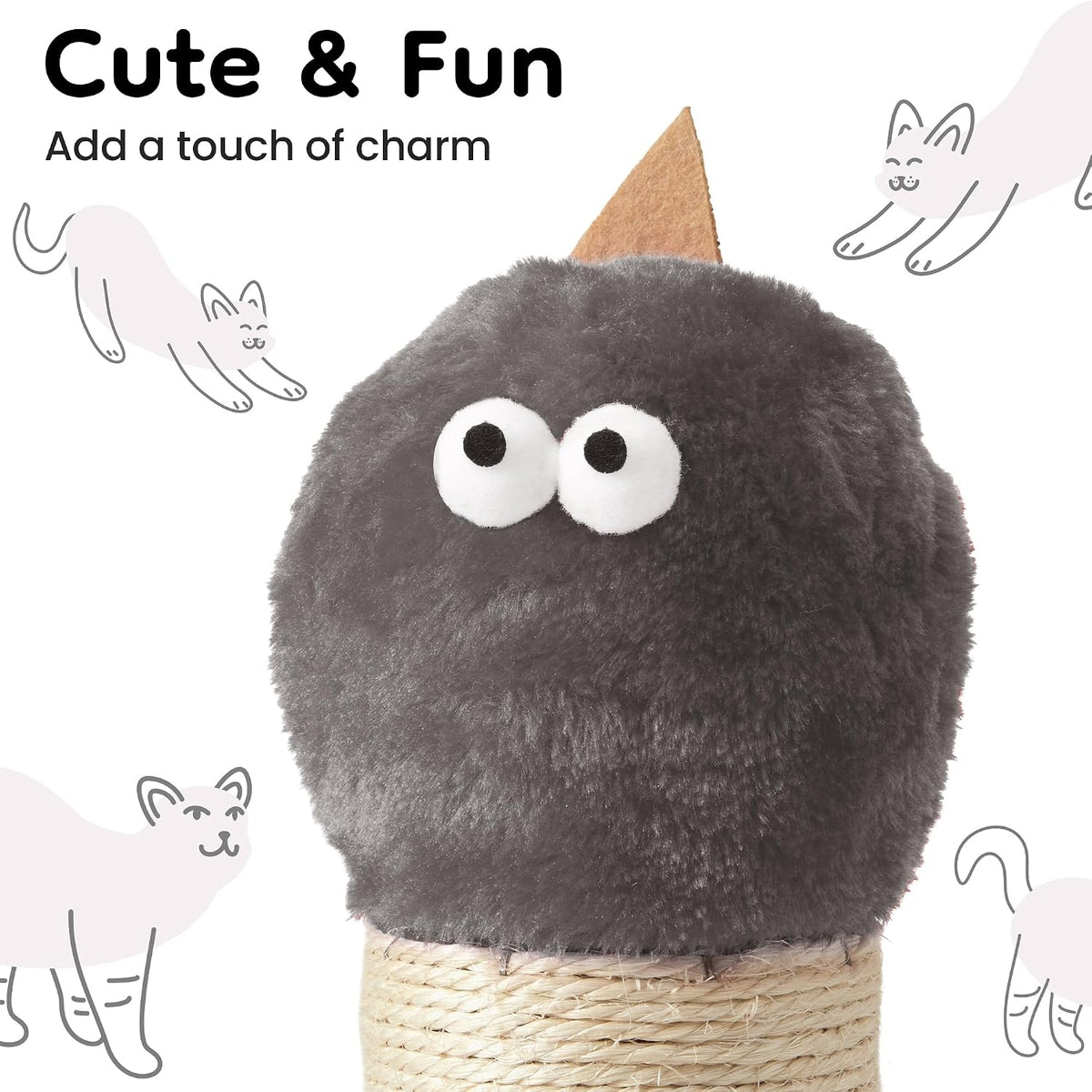 22" Cat Scratching Post, Sisal Scratcher with Interactive Hanging Toy, Monster Design for Indoor Cats, Fits Kittens & Large Cats, Grey