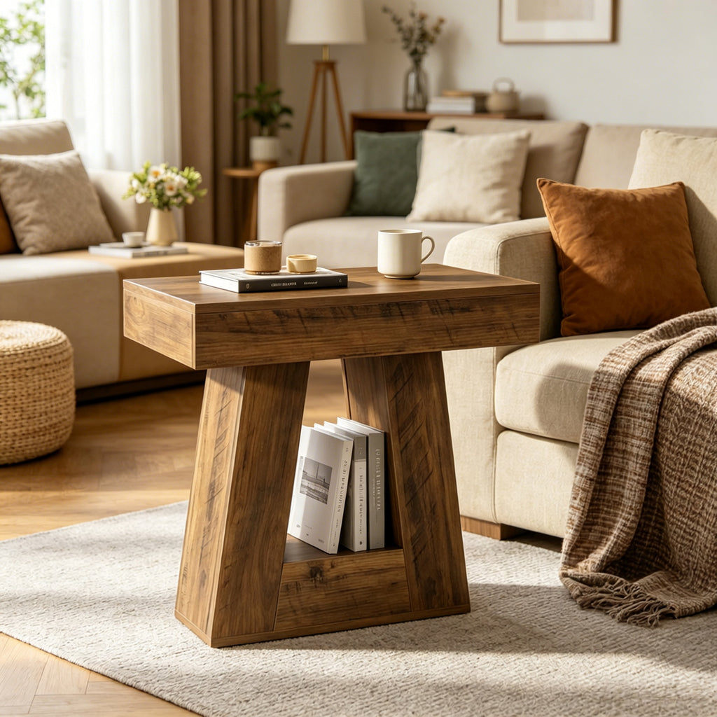 AEELLEEA Rustic Wood Grain End Table, 23.62"H x 23.62" L x15.75" W, Geometric Side Table with Open Storage Compartment for Living Room