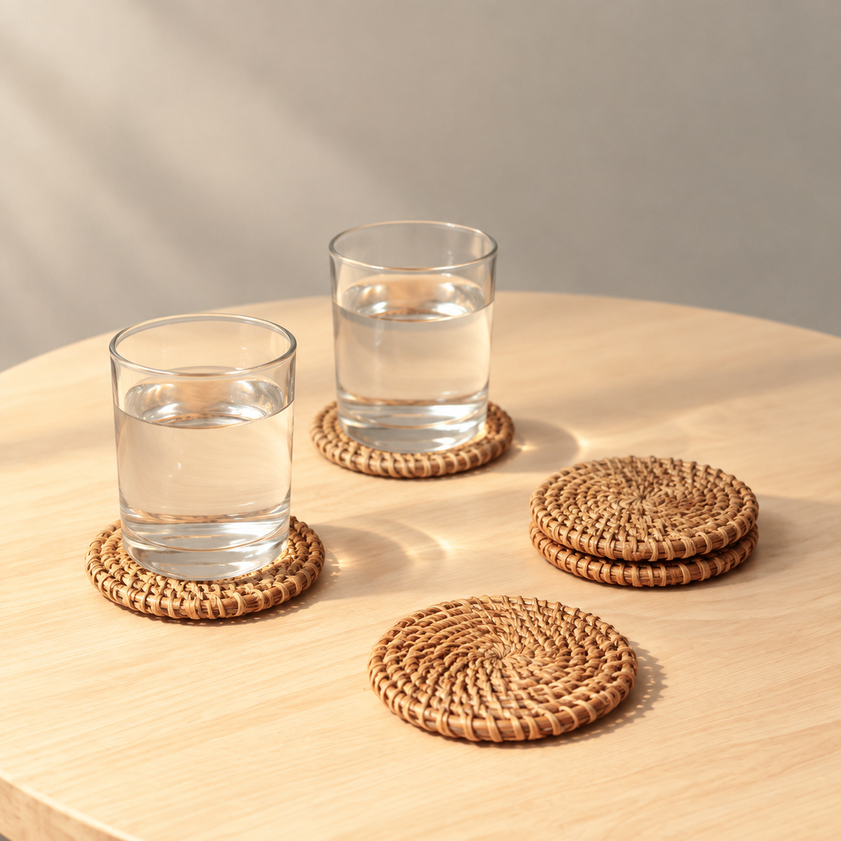 Natural Woven Rattan Coasters Set of 4, Round Handmade Drink Coasters, Boho Table Decor for Coffee Tea Mugs, Heat Resistant Tabletop Protection for Home Kitchen Bar