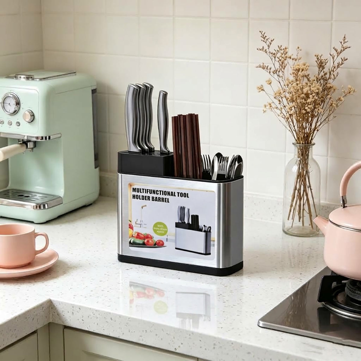 Multifunctional Kitchen Utensil Holder, Stainless Steel Countertop Knife & Cutlery Storage Organizer with Drain Holes for Kitchen Counter