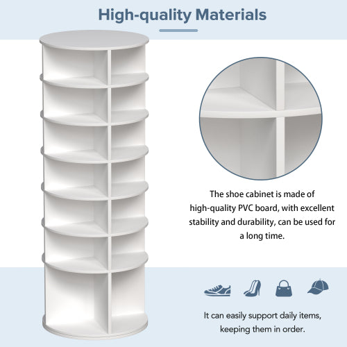 AEELLEEA 7-Tier Rotating Shoe Rack Tower, 360° Freestanding Spinning Shoe Organizer, White PVC Storage Holder for Heels, Boots and Handbags