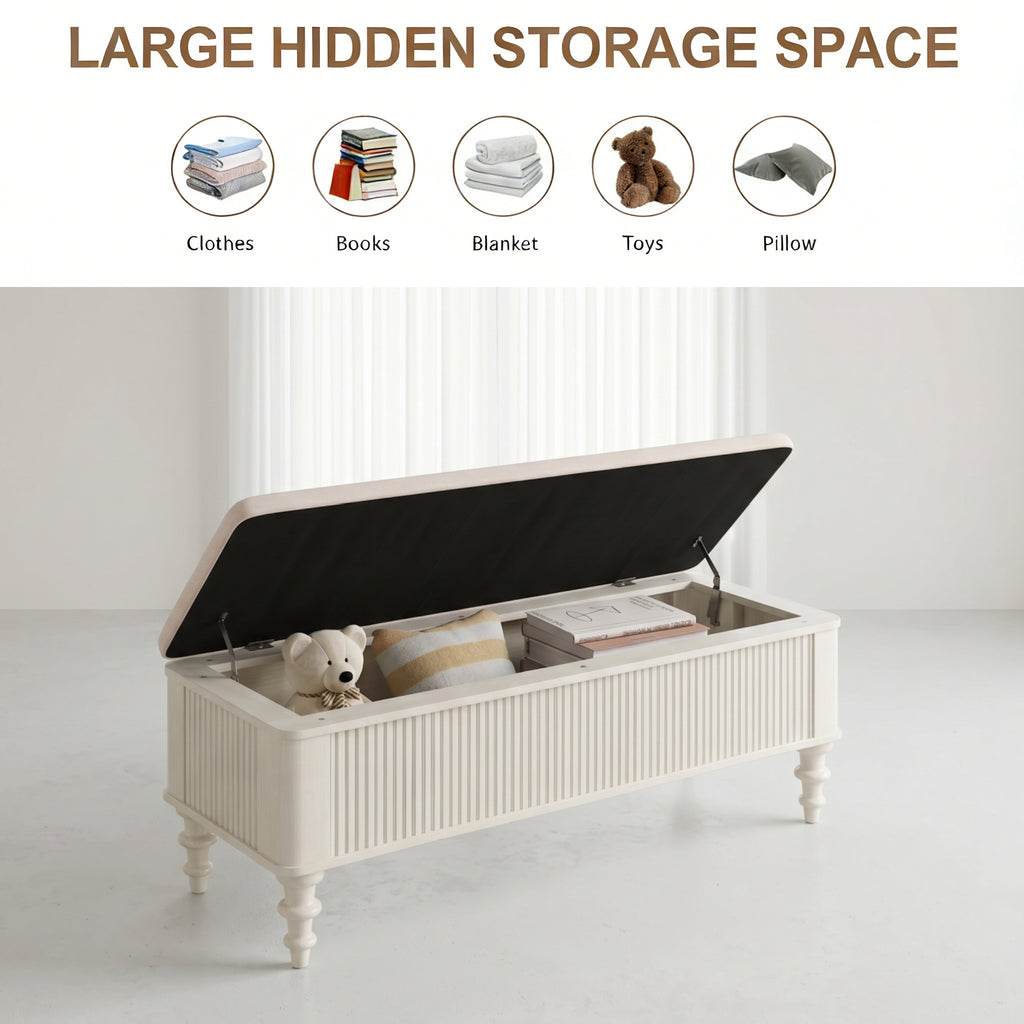 AEELLEEA 50.8" Beige Storage Ottoman Bench, Rubberwood Bed End Bench, Linen Upholstery Hidden Storage for Bedroom Entryway