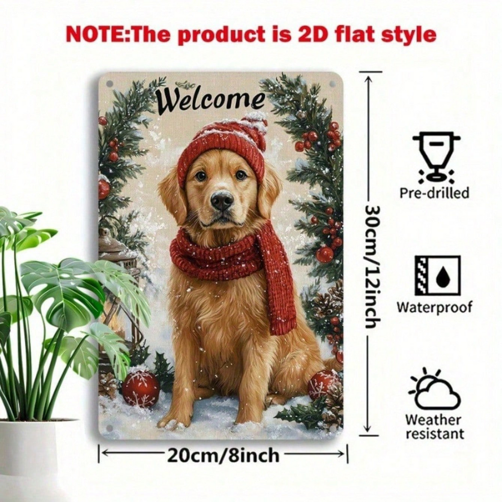 AEELLEEA-Retro Christmas Golden Retriever Welcome Metal Tin Sign, 11.81x7.87 Inch Vintage Wall Plaque, Winter Holiday Aluminum Poster