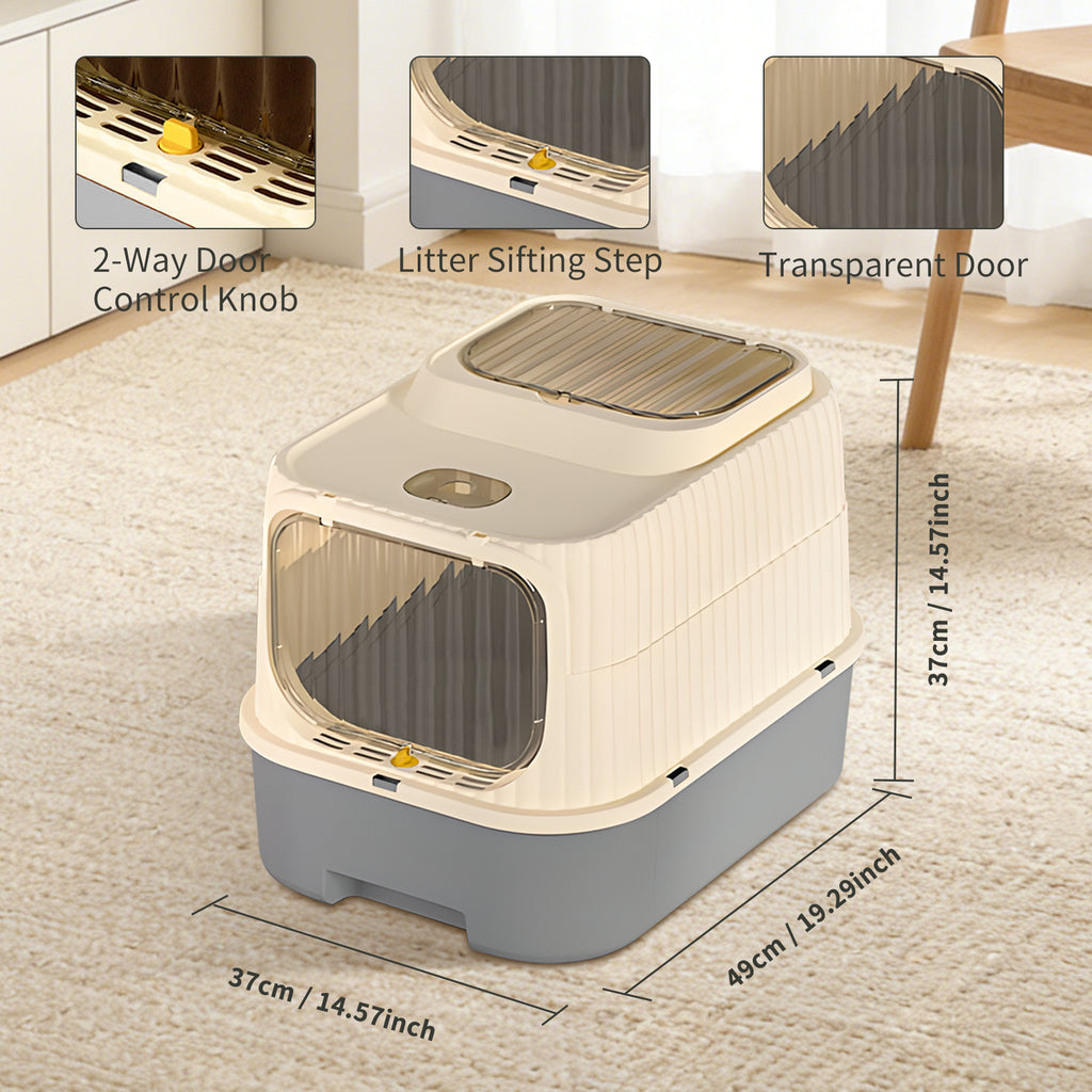 Enclosed Cat Litter Box with 2-Way Transparent Door and Litter Sifting Step, Removable Easy-Clean Design, Beige & Gray