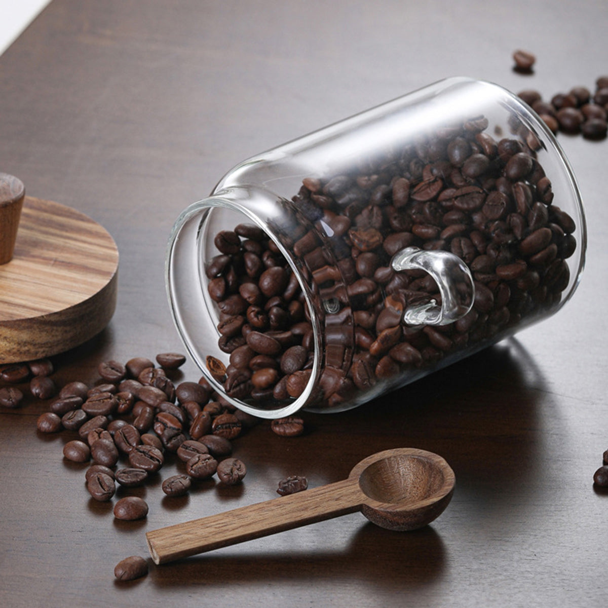 Glass Coffee Bean Storage Jar with Wooden Lid and Spoon, Clear Kitchen Canister, 15/18.5/25 oz
